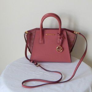NWT $558 Michael Kors Avril Leather Small TZ MK Logo Rose Satchel Crossbody Bag